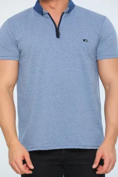 Erkek Likralı Polo Yaka Fermuarlı Desenli T-shirt A.indigo