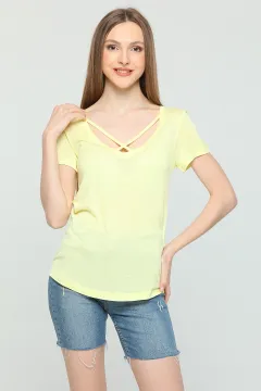 Kadın Likralı Önü Çapraz Biyeli T-shirt A.sarı