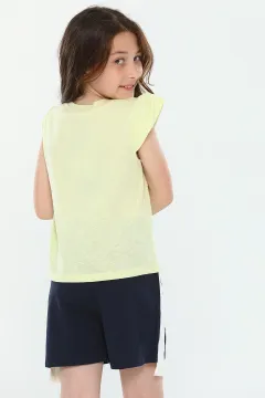 Kız Çocuk Likralı Bisiklet Yaka Baskılı T-shirt Şort İkili Takım A.sarı