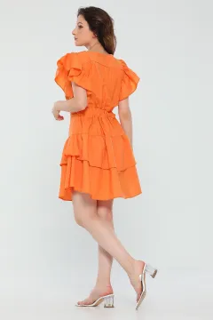Kadın V Yaka Kol Volanlı Eteği Katlı Yazlık Mini Elbise Açık Orange
