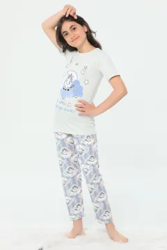 Kız Çocuk Unicorn Baskılı Dar Kalıp Pijama Takımı AçıkGri