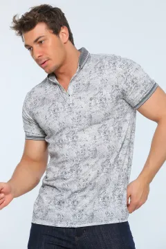 Erkek Likralı Polo Yaka Kol Lastikli Desenli T-shirt Açıkhaki