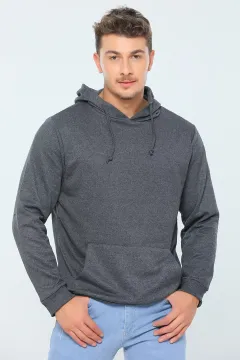 Erkek Kapüşonlu Kanguru Cepli Basic Sweatshirt Antrasit