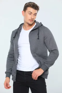 Erkek Kapüşonlu Fermuarlı Basic Sweatshirt Antrasit