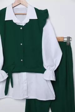 Bağcık Ve Fırfır Detaylı Kız Çocuk Pantolon Gömlek Süveter Üçlü Takım Yeşil