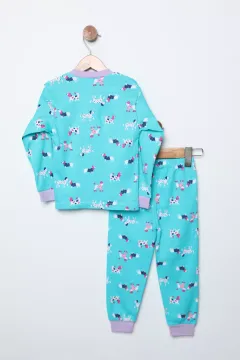 Baskılı Çıtçıt Detaylı Kız Çocuk Pijama Takımı Mint