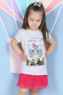 Baskılı Kız Çocuk T-shirt Gri