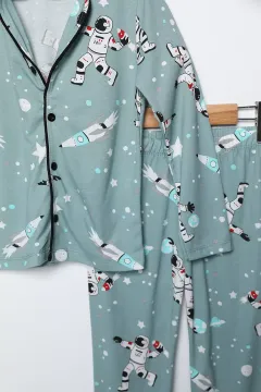 Baskılı Ön Düğmeli Kız-erkek Çocuk Pijama Takımı Mint