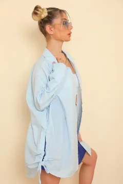 Kadın Oversize Poplin Kumaş Yanı Büzgülü Uzun Basic Gömlek BebeMavisi