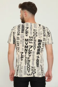 Erkek Likralı Bisiklet Yaka Baskılı T-shirt Bej