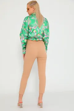 Kadın Yüksek Bel Dar Paça Pantolon Bej