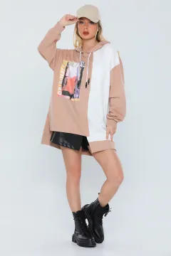 Kadın Oversize Kapüşonlu Renk Bloklu Sweatshirt Bej