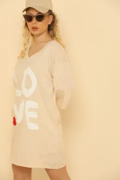 Kadın Oversize Likralı V Yaka Uzun T-shirt Tunik Bej