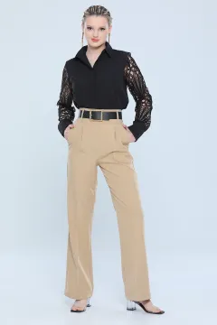 Yüksek Bel Bol Paça Kadın Pantolon Bej
