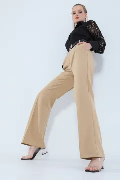 Yüksek Bel Bol Paça Kadın Pantolon Bej