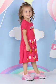 Kız Çocuk Bel Büzgülü Baskılı Günlük Elbise Fuşya