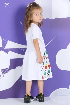 Kız Çocuk Bel Büzgülü Baskılı Günlük Elbise Beyaz