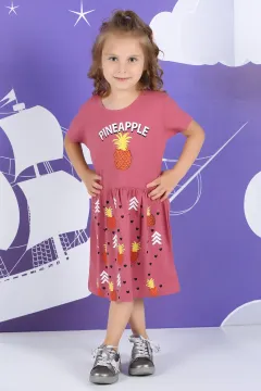 Kız Çocuk Bel Büzgülü Baskılı Günlük Elbise Gülkurusu
