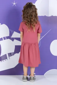 Kız Çocuk Bel Büzgülü Baskılı Günlük Elbise Gülkurusu