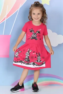 Kız Çocuk Bel Büzgülü Günlük Elbise Fuşya