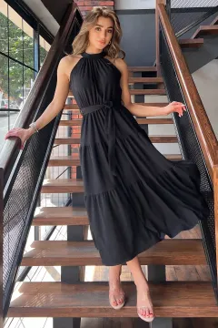 Bel Kuşak Detaylı Fırfırlı Yazlık Uzun Elbise Siyah