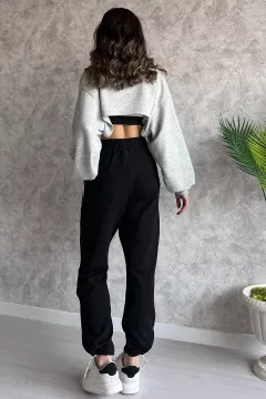 Bel Lastikli Cep Detaylı Yüksek Bel Şeritli Kadın Stoper Pantolon Siyah