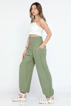 Bel Lastikli Düz Renk Kadın Şalvar Model Viskon Pantolon Haki