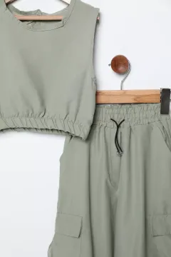 Bel Lastikli Kargo Cep Kız Çocuk Crop Pantolon İkili Takım Mint