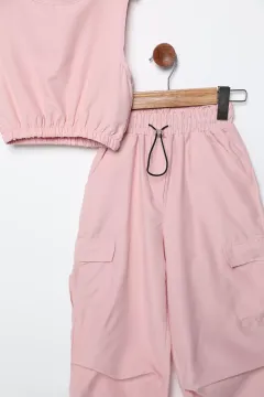Bel Lastikli Kargo Cep Kız Çocuk Crop Pantolon İkili Takım Pudra