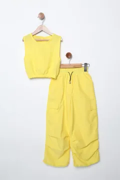 Bel Lastikli Kargo Cep Kız Çocuk Crop Pantolon İkili Takım Sarı