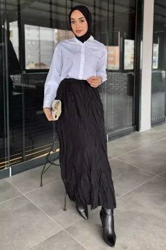 Bel Lastikli Krinkıl Vual Tesettür Etek Siyah