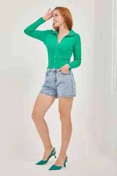 Kadın Gömlek Yaka Taş Detaylı Triko Bluz Benetton Yeşili
