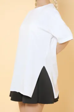 Kadın Bisiklet Yaka Yan Yırtmaçlı Uzun Basic T-shirt Beyaz