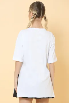 Kadın Bisiklet Yaka Yan Yırtmaçlı Uzun Basic T-shirt Beyaz