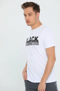 Erkek Likralı Black Baskılı T-shirt Beyaz