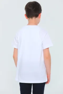 Erkek Çocuk Likralı Bisiklet Yaka Baskılı T-shirt Beyaz