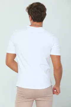 Erkek Likralı Bisiklet Yaka Baskılı T-shirt Beyaz