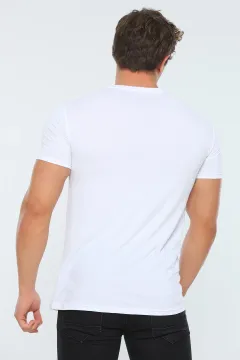 Erkek Likralı Bisiklet Yaka Renk Bloklu Slim Fit Baskılı T-shirt Beyaz