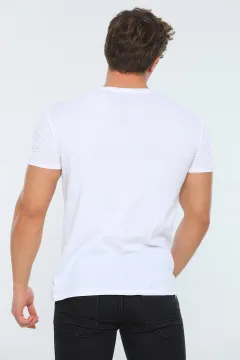 Erkek Likralı Bisiklet Yaka Slim Fit Baskılı T-shirt Beyaz