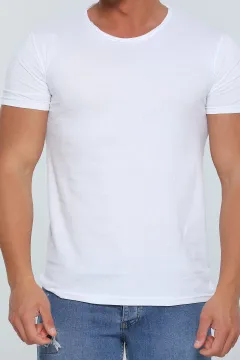 Erkek Likralı Bisiklet Yaka Slim Fit Basic Body T-shirt Beyaz