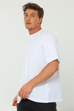 Erkek Likralı Oversize Bisiklet Yaka Basic T-shirt Beyaz