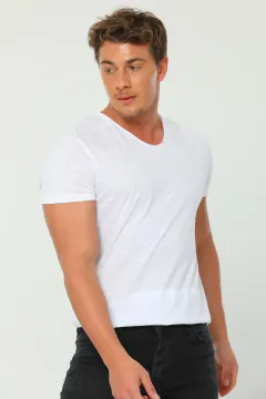 Erkek Likralı V Yaka Basic T-shirt Beyaz
