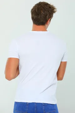 Erkek Likralı V Yaka Cepli Slim Fit Basic Body T-shirt Beyaz