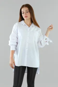 Kadın Kol Ucu Bağlamalı Salaş Tunik Gömlek Beyaz