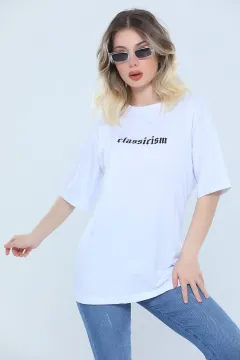 Kadın Likralı Bisiklet Yaka Baskılı Salaş T-shirt Beyaz