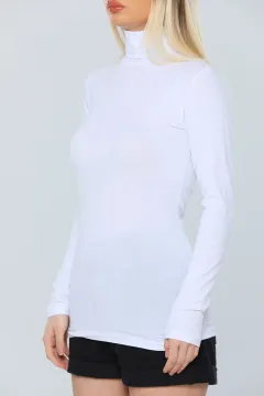 Kadın Likralı Boğazlı Uzun Kol Basic Body Beyaz