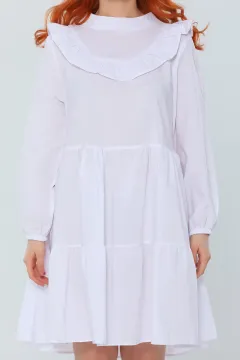 Kadın Ön Arka Fırfırlı Eteği Katlı Salaş Mini Elbise Beyaz