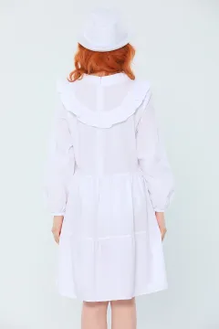 Kadın Ön Arka Fırfırlı Eteği Katlı Salaş Mini Elbise Beyaz