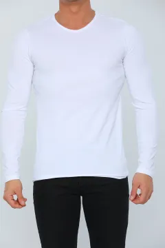 Erkek Likralı Ve Yaka Body Sweatshirt Beyaz