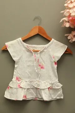 Kız Bebek Bisiklet Yaka Bağlamalı Çiçek Baskılı Elbise Beyaz